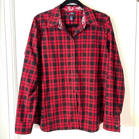 Chaps XL red & black check no iron cotton contrast print detail button front shi - Picture 1 of 7